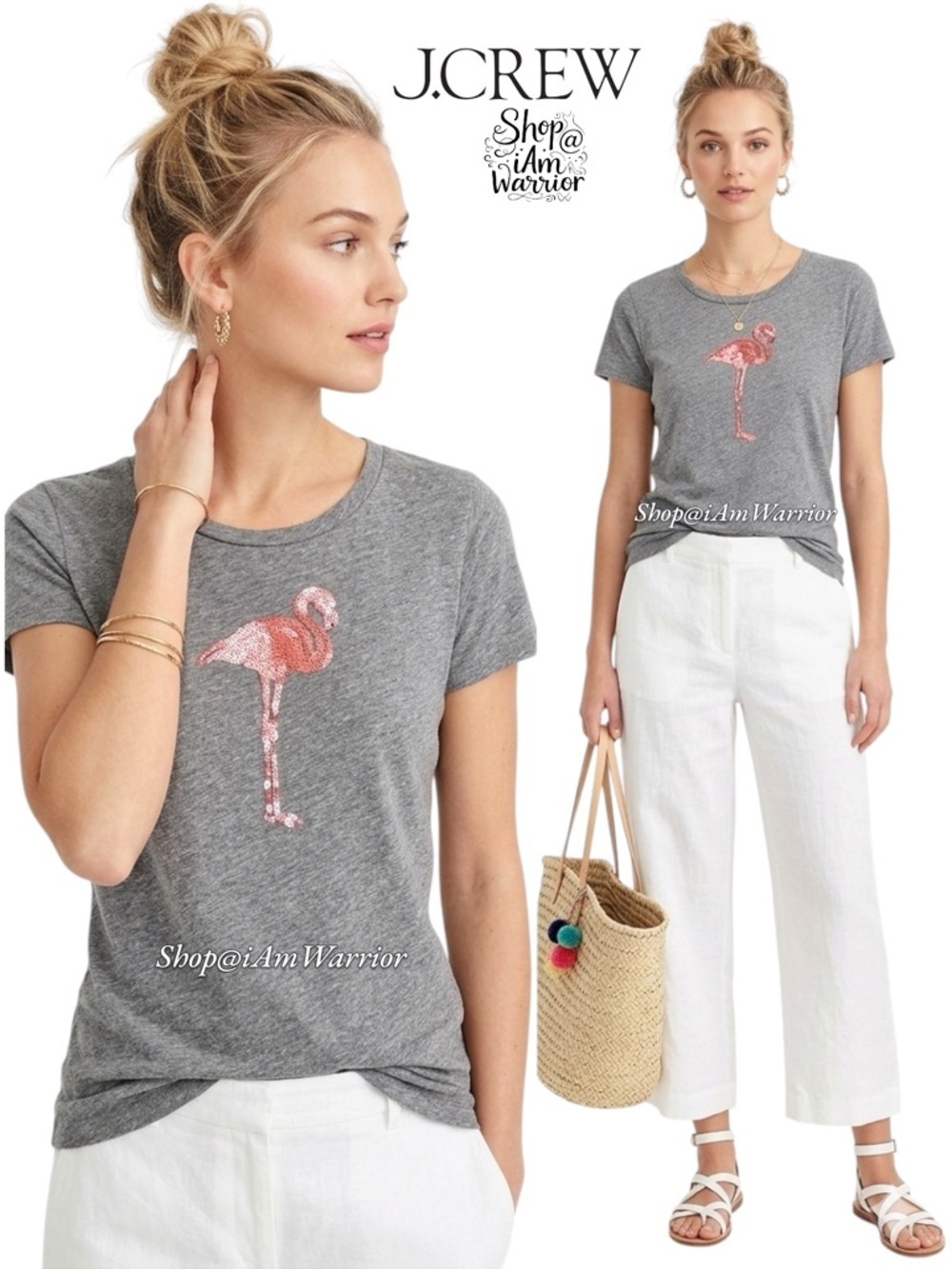 J.Crew sequin coral flamingo gray t-skirt *shop@iamwarrior